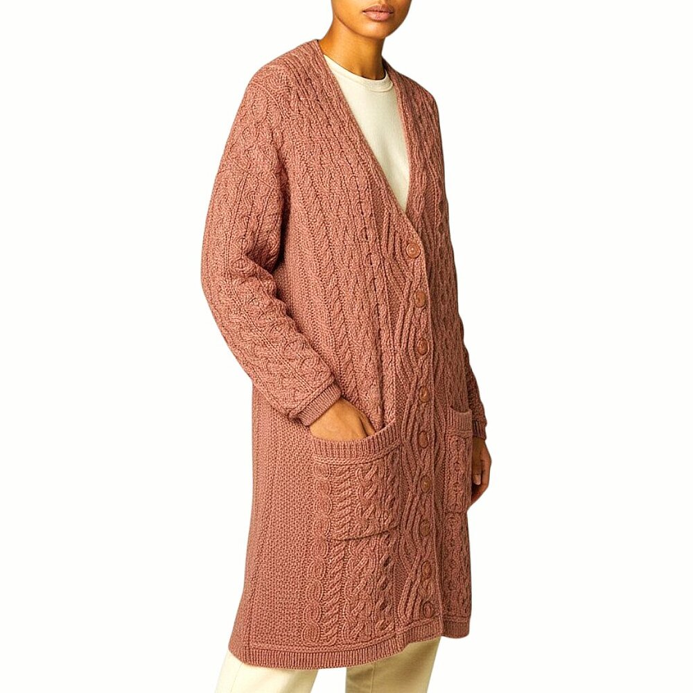 Aran Crafts 100% Merino Wool Cable Knit Long Cardigan Coat Rose/Mauve Cozy XL - Picture 2 of 7